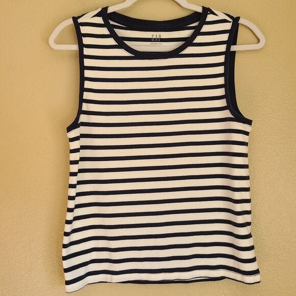 gap modern tank top navy blue nautical white stripe womens size L - Picture 2 of 4